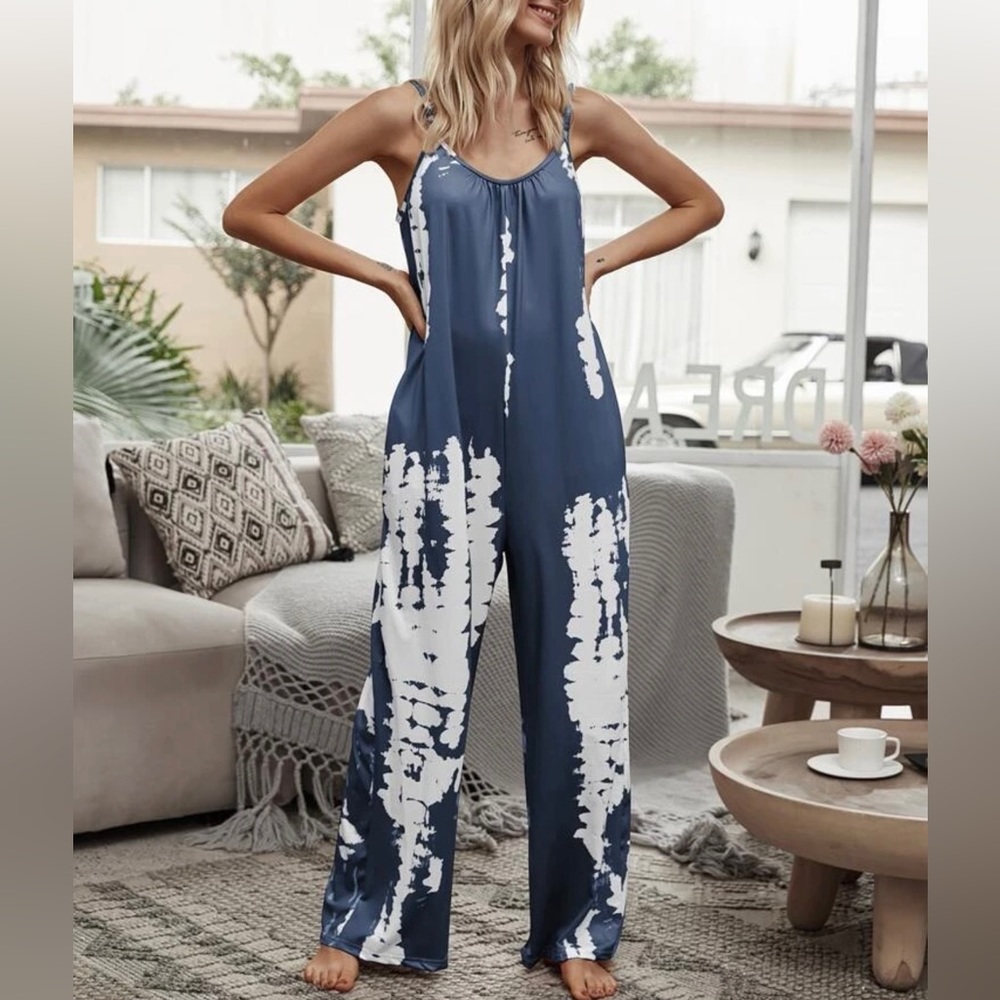 Stylish Blue and White Hidden Pocket Cami wide Leg Jumpsuit
